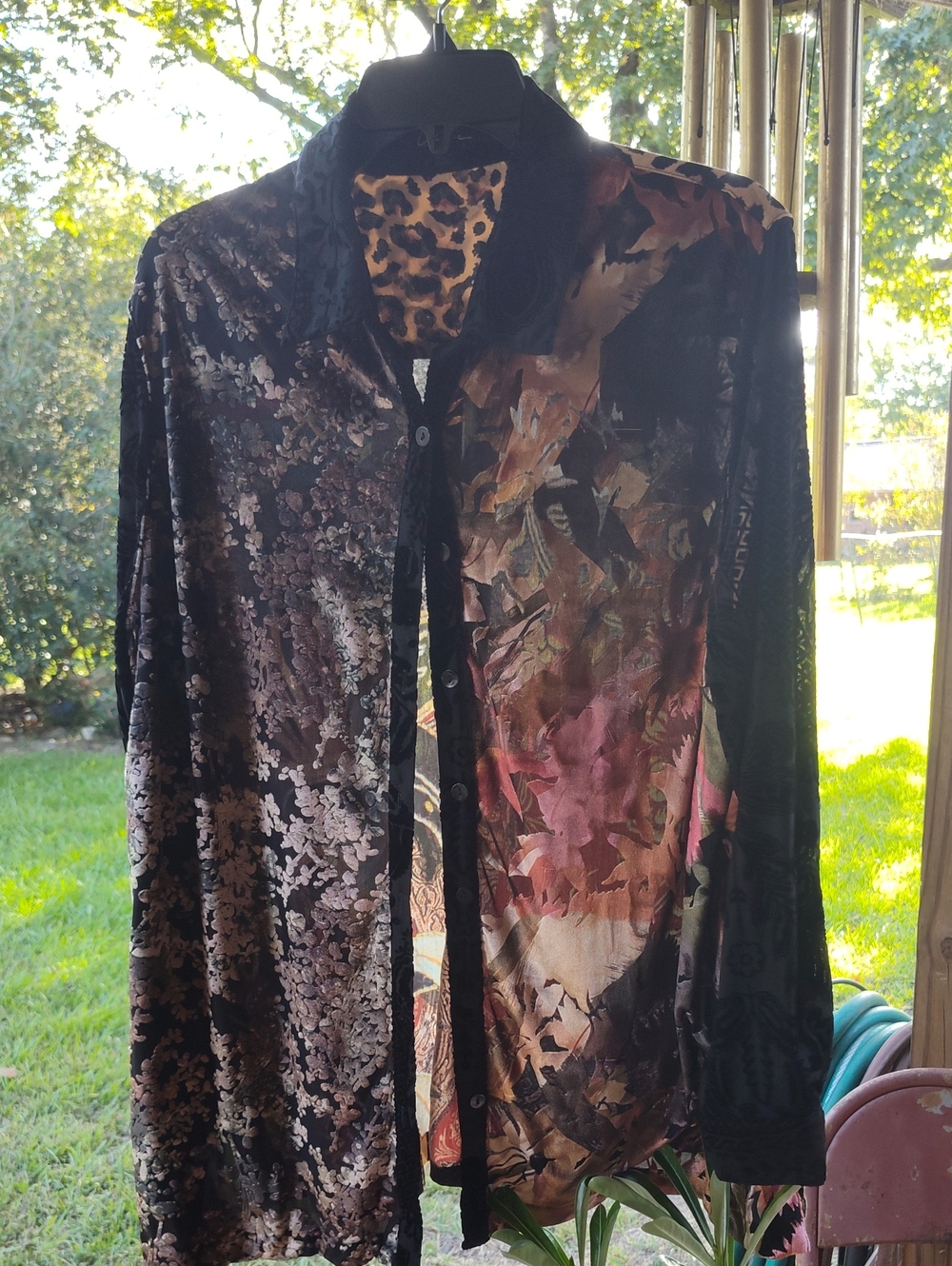 Sheer Floral Velvet Mixed-Print Button-Up Blouse — Black & Brown From Dillards